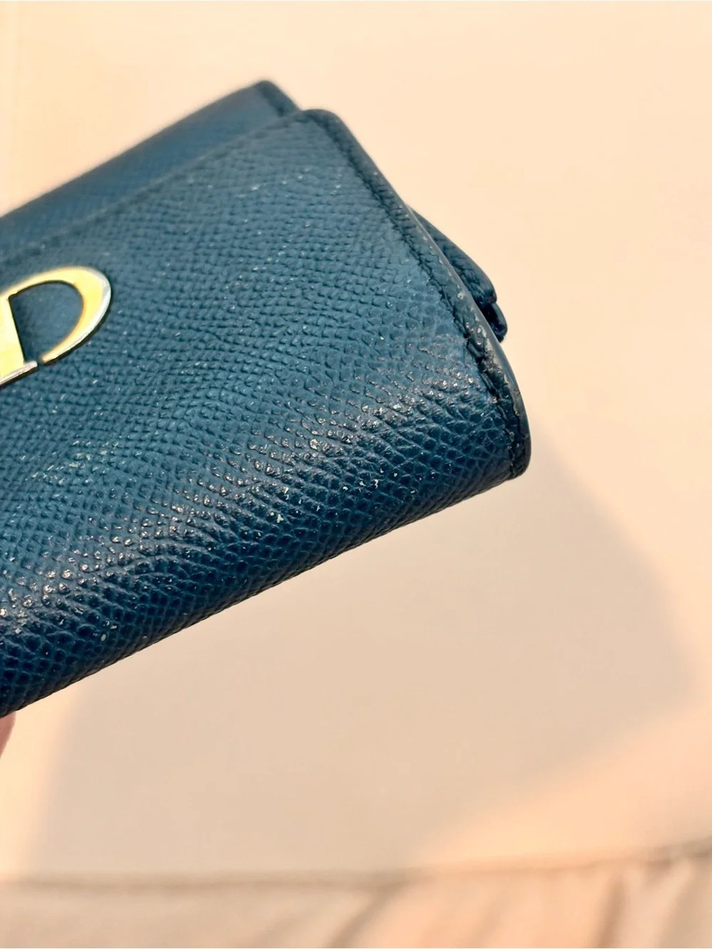 Christian Dior 30 Montaigne Lotus Teal Pebbled Leather Compact Wallet W/ COA
